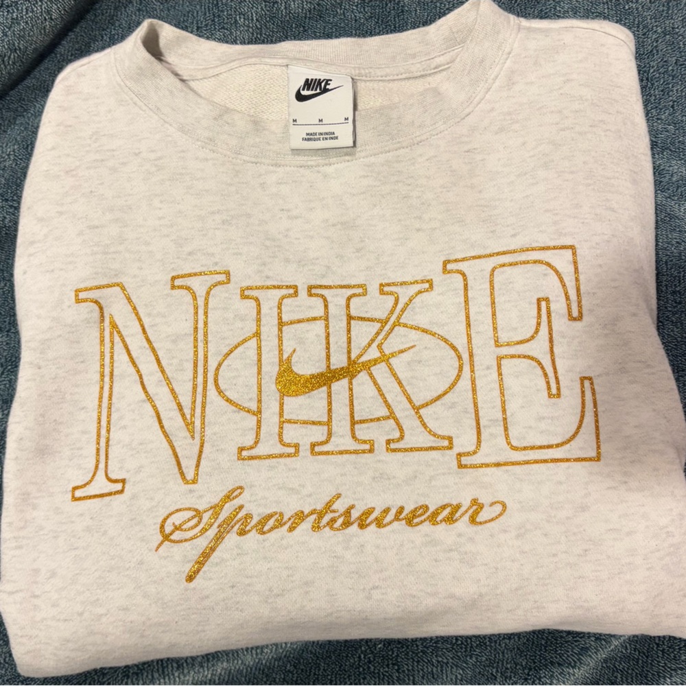 Nike Women's Grey Crewneck Sweatshirt with Gold Logo